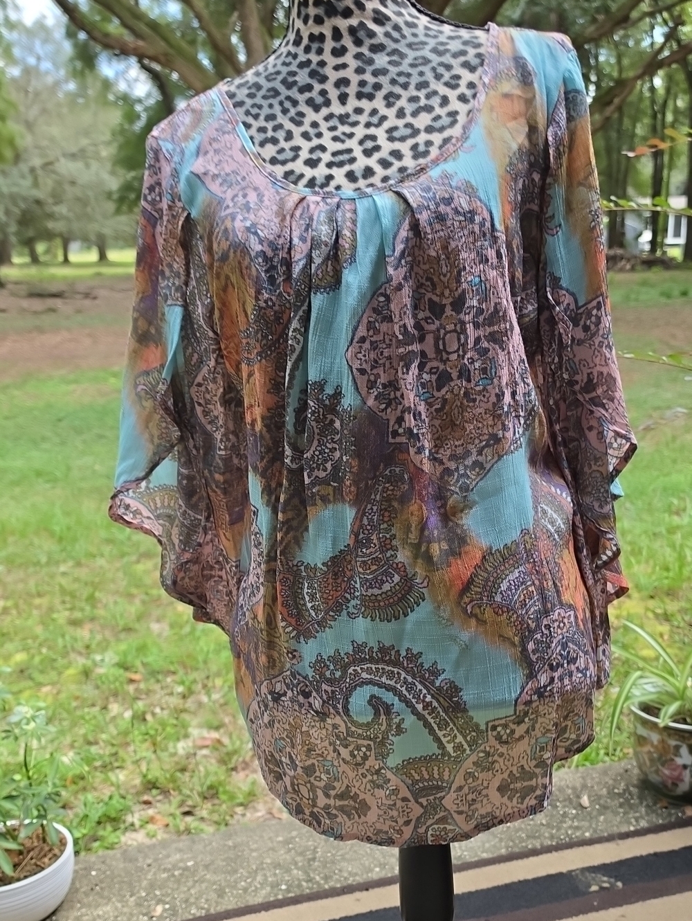 Spense Teal, Brown & Orange Paisley Scoop-Neck Blouse